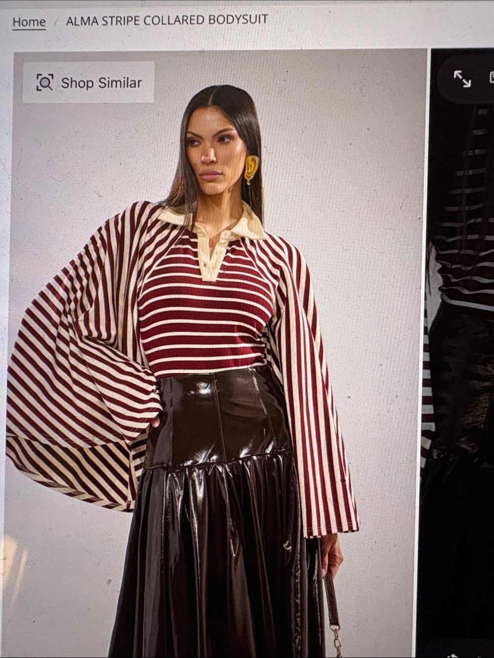AKIRA Burgundy & Cream Striped Collared Bodysuit with Statement Sleeves
